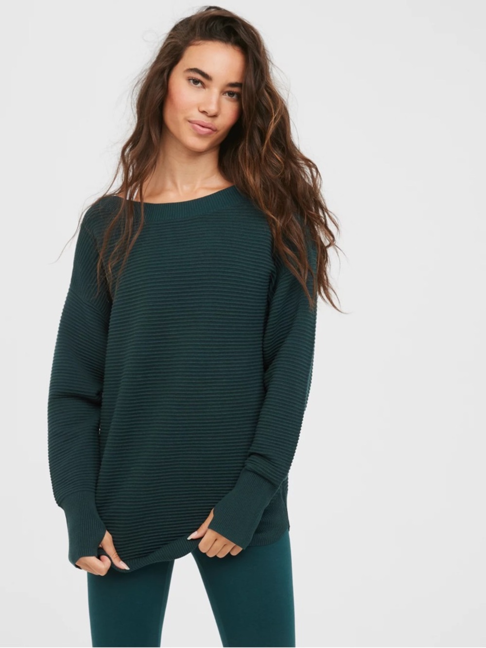 91. | Offline By Aerie | Women's Ribbed Knit Long-Sleeve Sweater | Forest Green